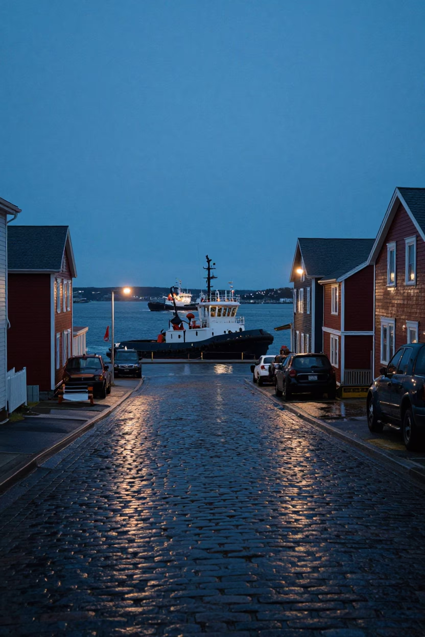 Halifax Nova Scotia Twilight Street Scene with Cobblestones and Tugboat Fleet in in Halifax, Nova Scotia, Canada