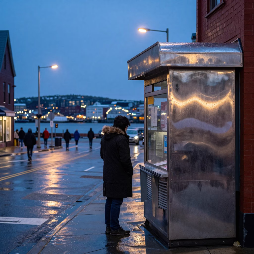 Halifax Nova Scotia Twilight Street Scene with Condensation and Brushed Steel Elements in in Halifax, Nova Scotia, Canada