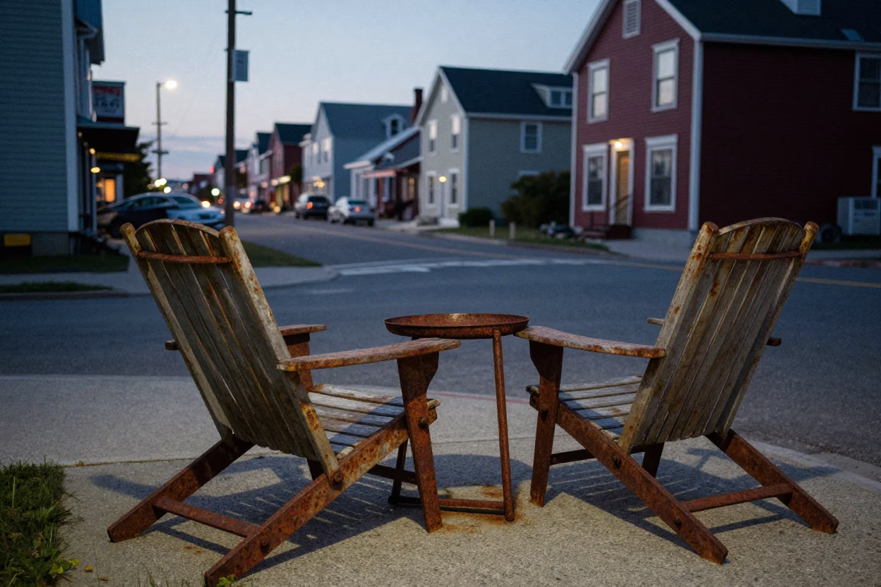 Halifax Nova Scotia Twilight Street Scene with Deck Chairs and Rusty Tray in in Halifax, Nova Scotia, Canada