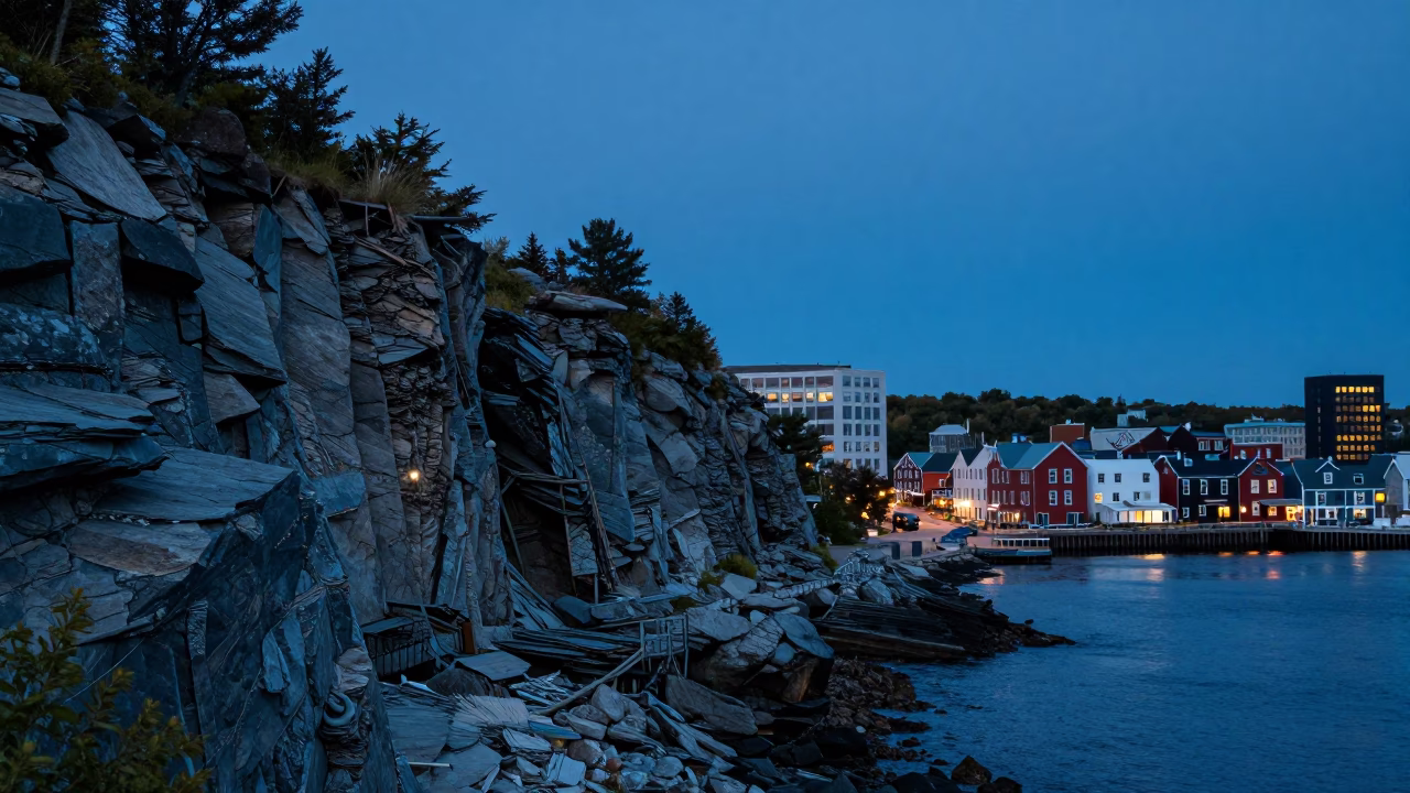 Halifax Nova Scotia Twilight Street Scene with Fossil Shale Cliff and Train Bridge in in Halifax, Nova Scotia, Canada