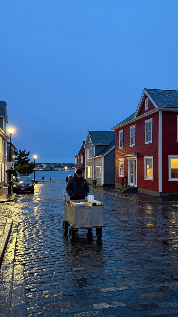 Halifax Nova Scotia Twilight Street Scene with Rolling Carts and Red Camellias in in Halifax, Nova Scotia, Canada