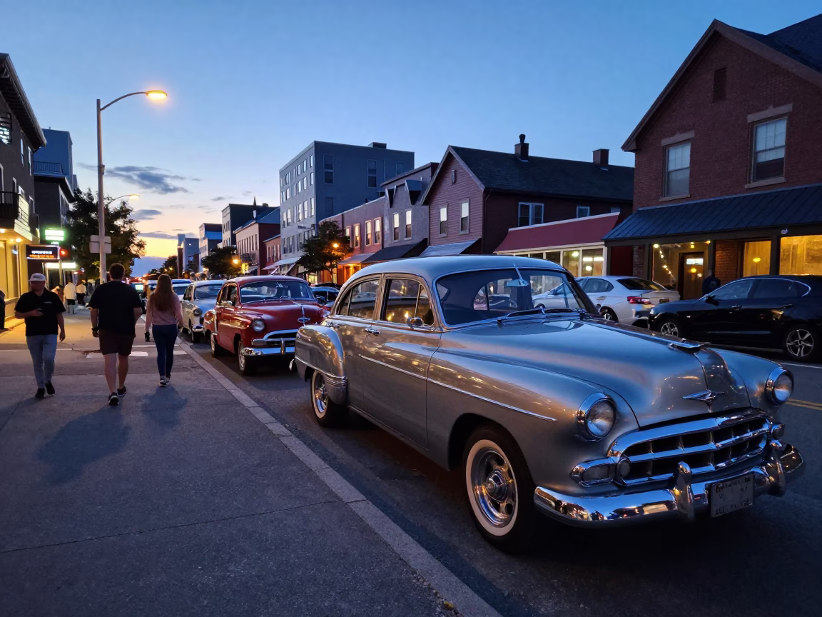 Halifax Nova Scotia Twilight Street Scene with Vintage Car Rally and Local Clam Chowder in in Halifax, Nova Scotia, Canada