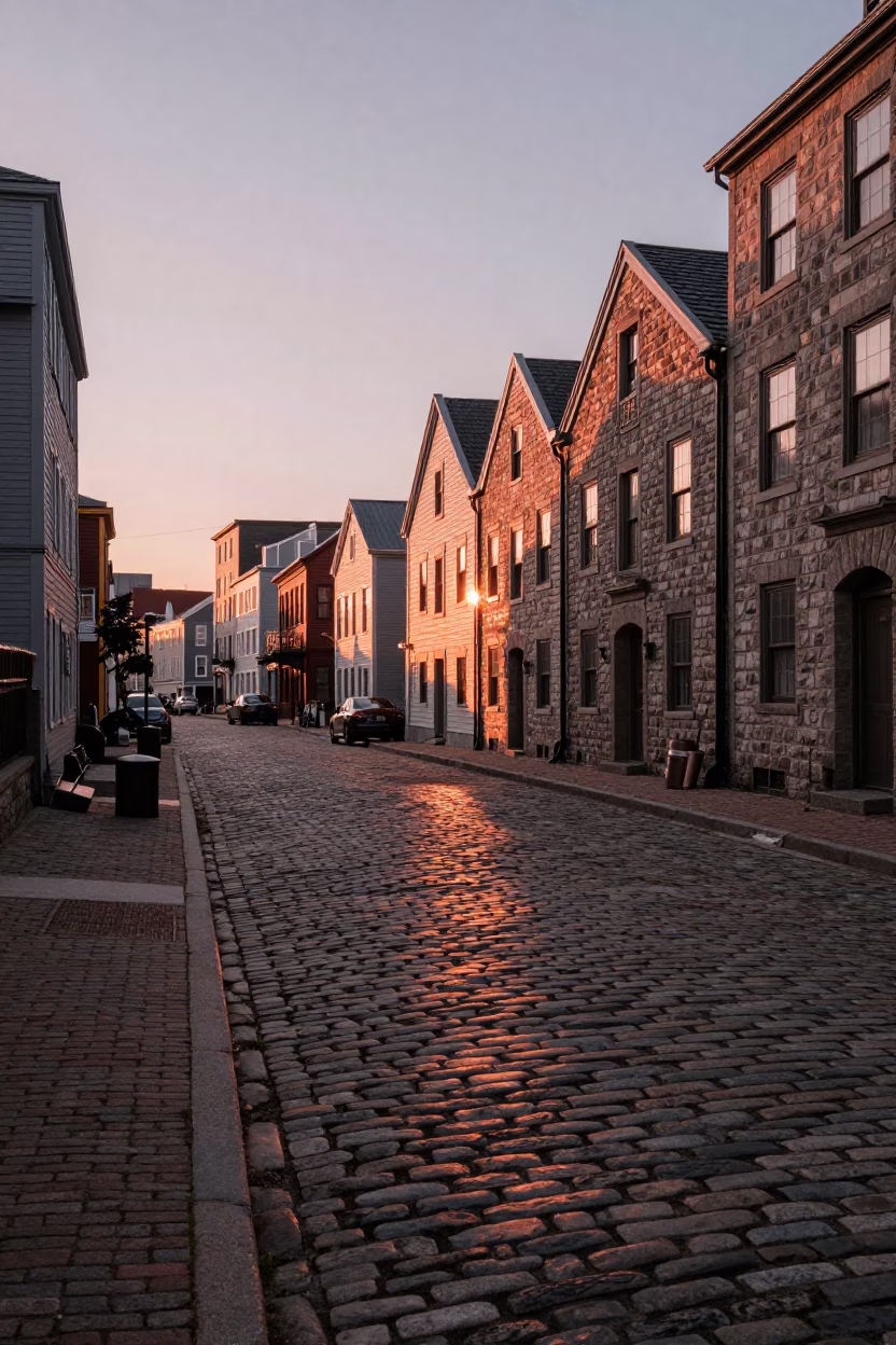 Halifax Nova Scotia Waterfront Cobblestone Street Copper Toned Light Before Dusk in in Halifax, Nova Scotia, Canada