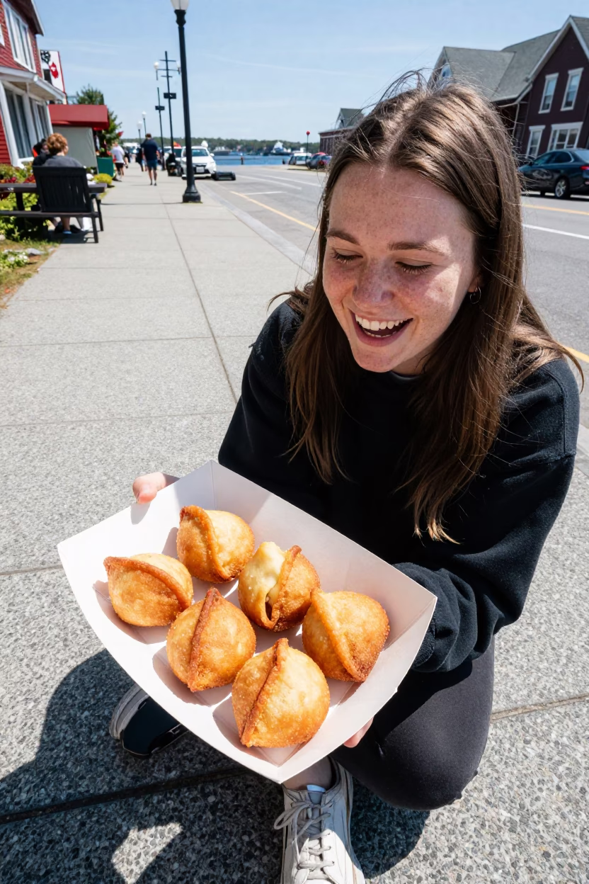 Halifax Nova Scotia Waterfront Lunch Break with Tray of Brazilian Coxinhas at Noon in in Halifax, Nova Scotia, Canada