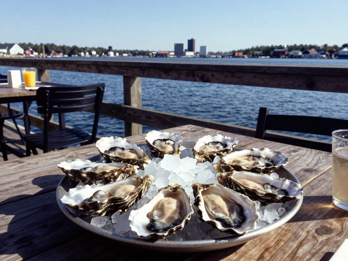 Halifax Nova Scotia waterfront lunch fresh oysters on crushed ice late afternoon sunlight in in Halifax, Nova Scotia, Canada