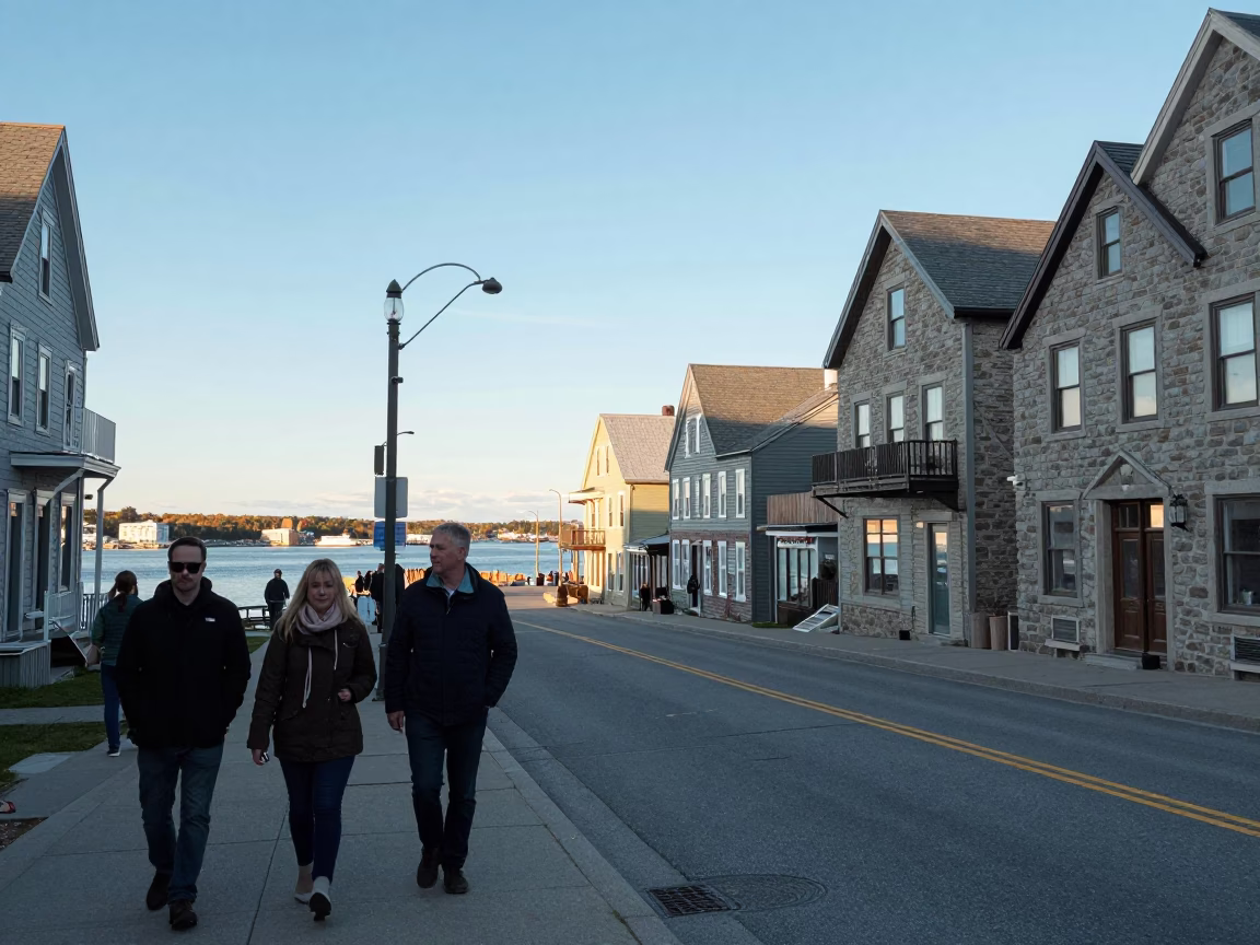 Halifax Nova Scotia Waterfront Street Scene Late Afternoon Light with Local Pedestrians in in Halifax, Nova Scotia, Canada