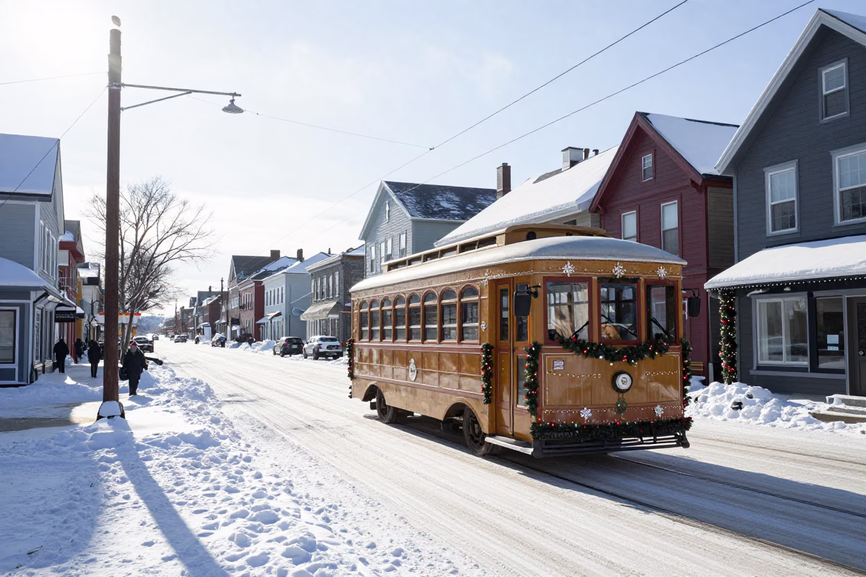 Halifax Nova Scotia Winter Street Scene with Vintage Christmas Tramcar and Snowy Avenue in in Halifax, Nova Scotia, Canada