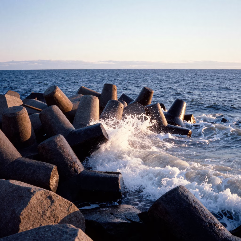 Halifax Nova Scotia Winter Surf Breakwater Tetrapods First Light Spray in in Halifax, Nova Scotia, Canada