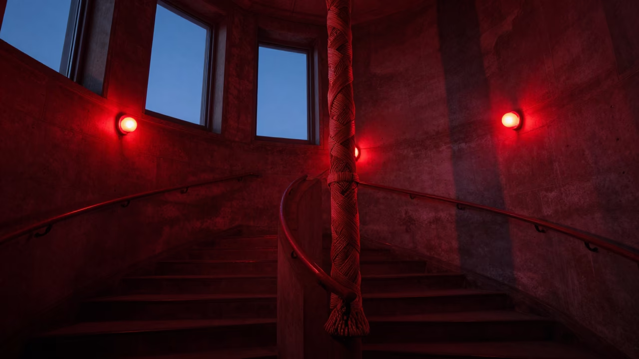 Halifax Observatory Stairwell Predawn Red Light and Woven Cane Details in in Halifax, Nova Scotia, Canada