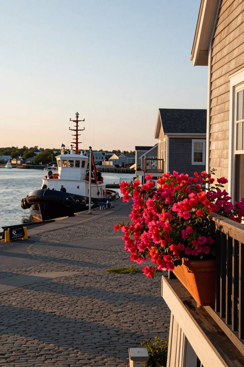 Halifax Sunset Harbor Scene with Bougainvillea and Tugboats at Dusk in in Halifax, Nova Scotia, Canada