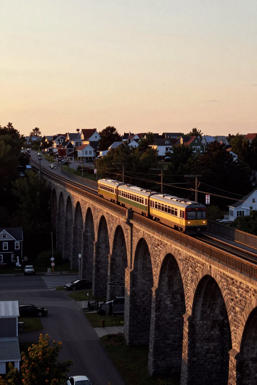 Halifax Sunset Railway Viaduct and Passing Train in Nova Scotia in in Halifax, Nova Scotia, Canada