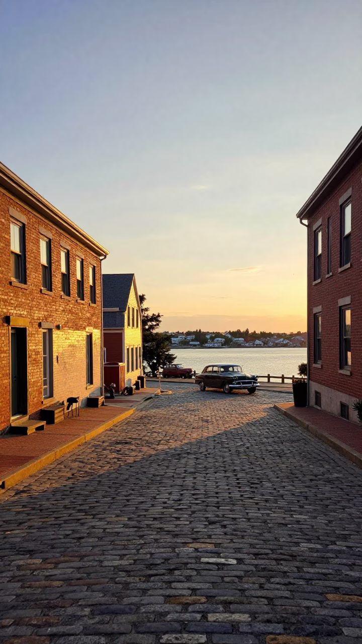 Halifax Sunset Street Scene with Vintage 1950s Aesthetic and Urban Details in in Halifax, Nova Scotia, Canada