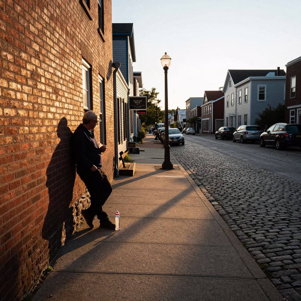 Halifax Sunset Street Scene with Water Bottle and Steel Kettle Lid in in Halifax, Nova Scotia, Canada