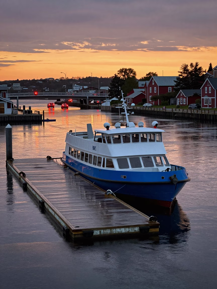 Halifax Water Taxi at Floating Dock During Sunset with Overpass Taillights in in Halifax, Nova Scotia, Canada