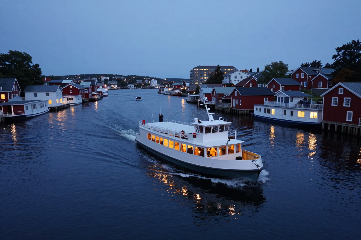 Halifax Water Taxi Twilight Scene with Canal Houseboats and Urban Reflections in in Halifax, Nova Scotia, Canada