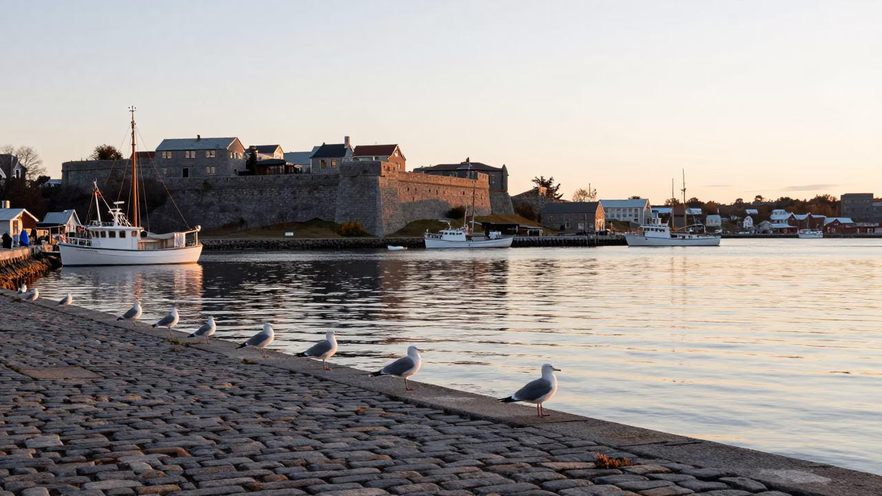 Halifax Waterfront At Dawn Seagulls Fishing Boats and Cobblestone Promenade in in Halifax, Nova Scotia, Canada