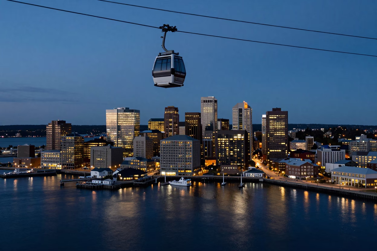 Halifax Waterfront at Dusk Featuring Aerial Tram and City Lights Reflections in in Halifax, Nova Scotia, Canada