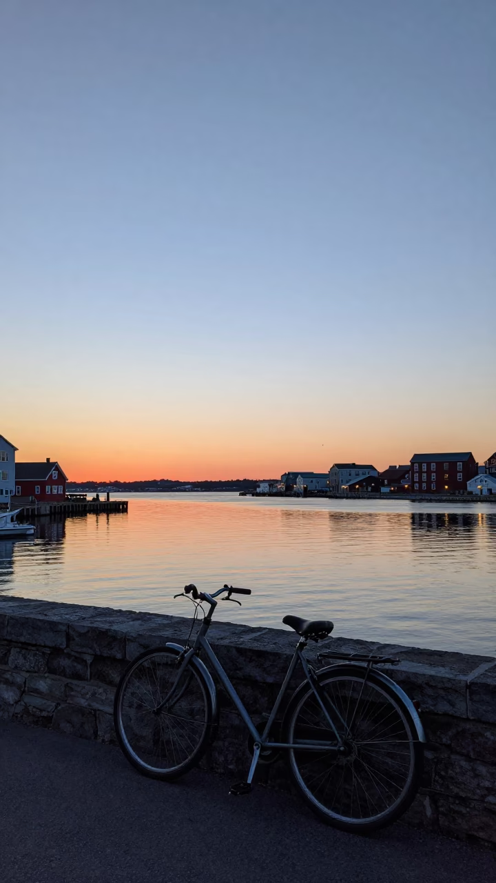 Halifax Waterfront at Dusk with Bicycle and Harbour Lights in in Halifax, Nova Scotia, Canada