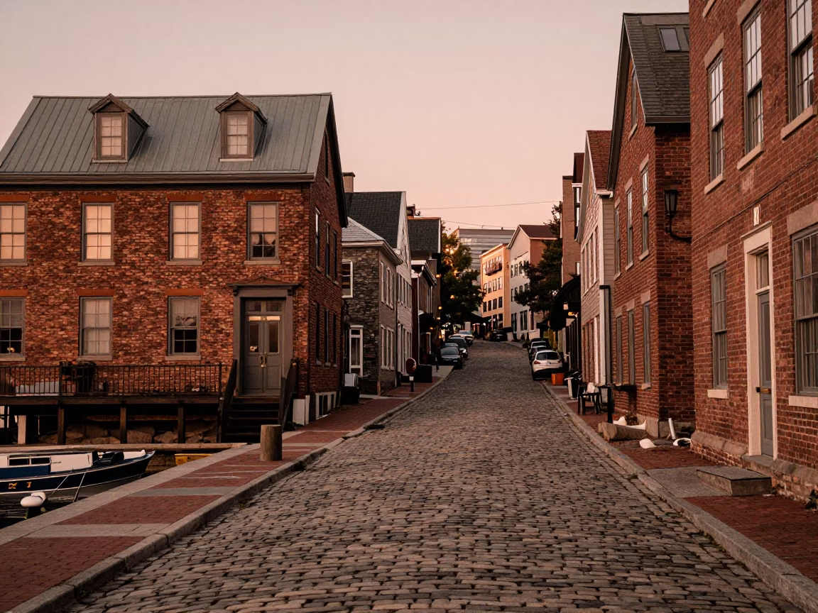 Halifax Waterfront at Dusk with Cobblestone Street and Historic Brick Buildings in in Halifax, Nova Scotia, Canada