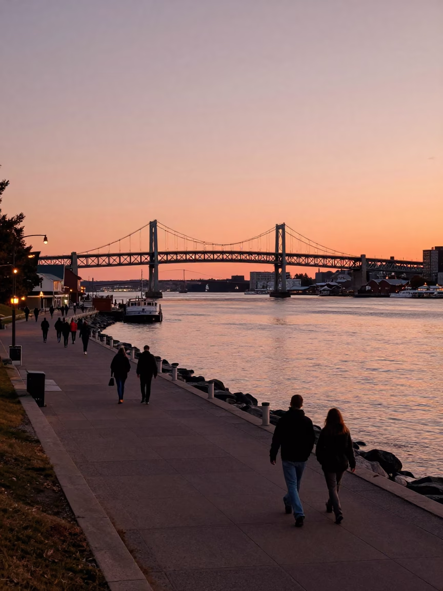 Halifax Waterfront at Dusk with Pedestrians and Harbour Views in in Halifax, Nova Scotia, Canada