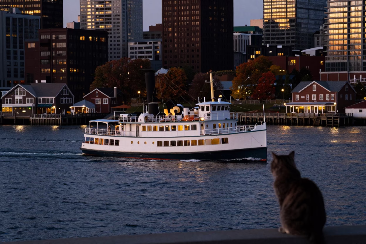 Halifax Waterfront at Dusk with Steamboat and Highland Cat in in Halifax, Nova Scotia, Canada