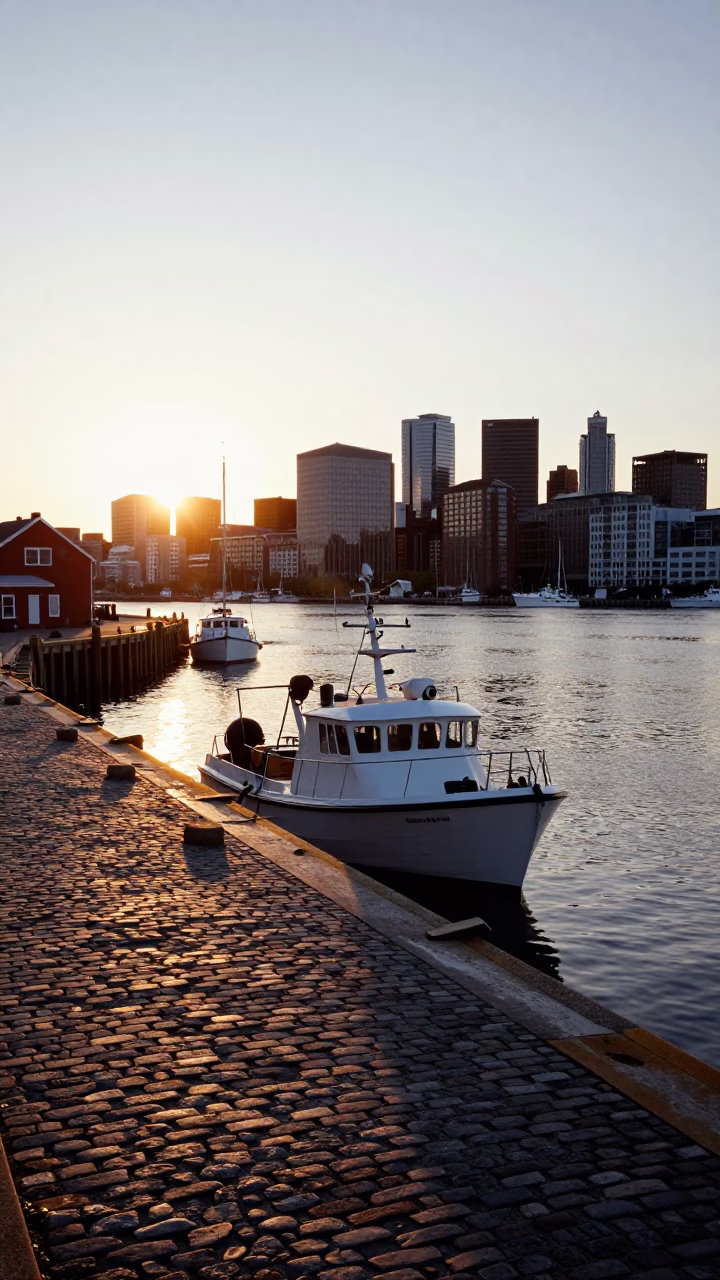 Halifax Waterfront at Golden Hour with Harbour Boats and City Skyline in in Halifax, Nova Scotia, Canada
