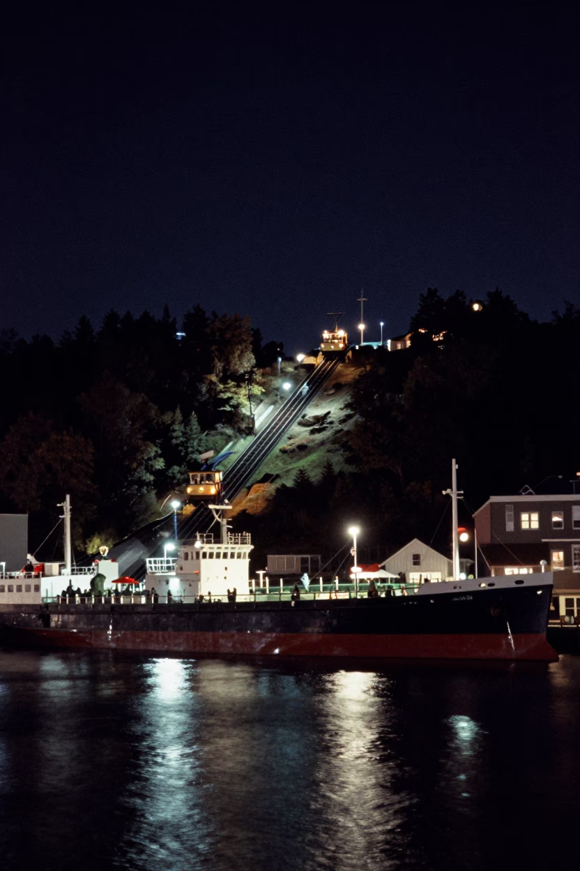 Halifax Waterfront at Night with Funicular and Tanker Ship in in Halifax, Nova Scotia, Canada