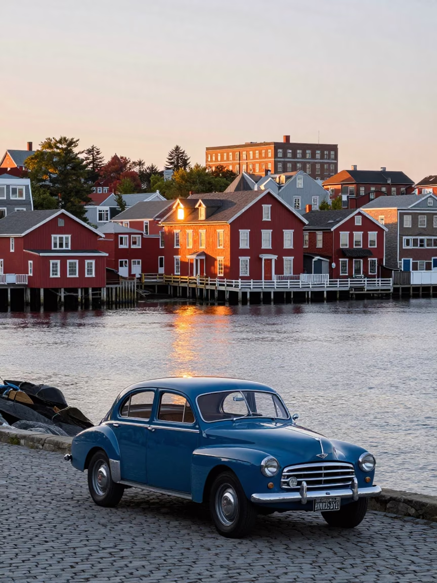 Halifax Waterfront at Sunrise with Vintage Cars and Red Brick Buildings in in Halifax, Nova Scotia, Canada