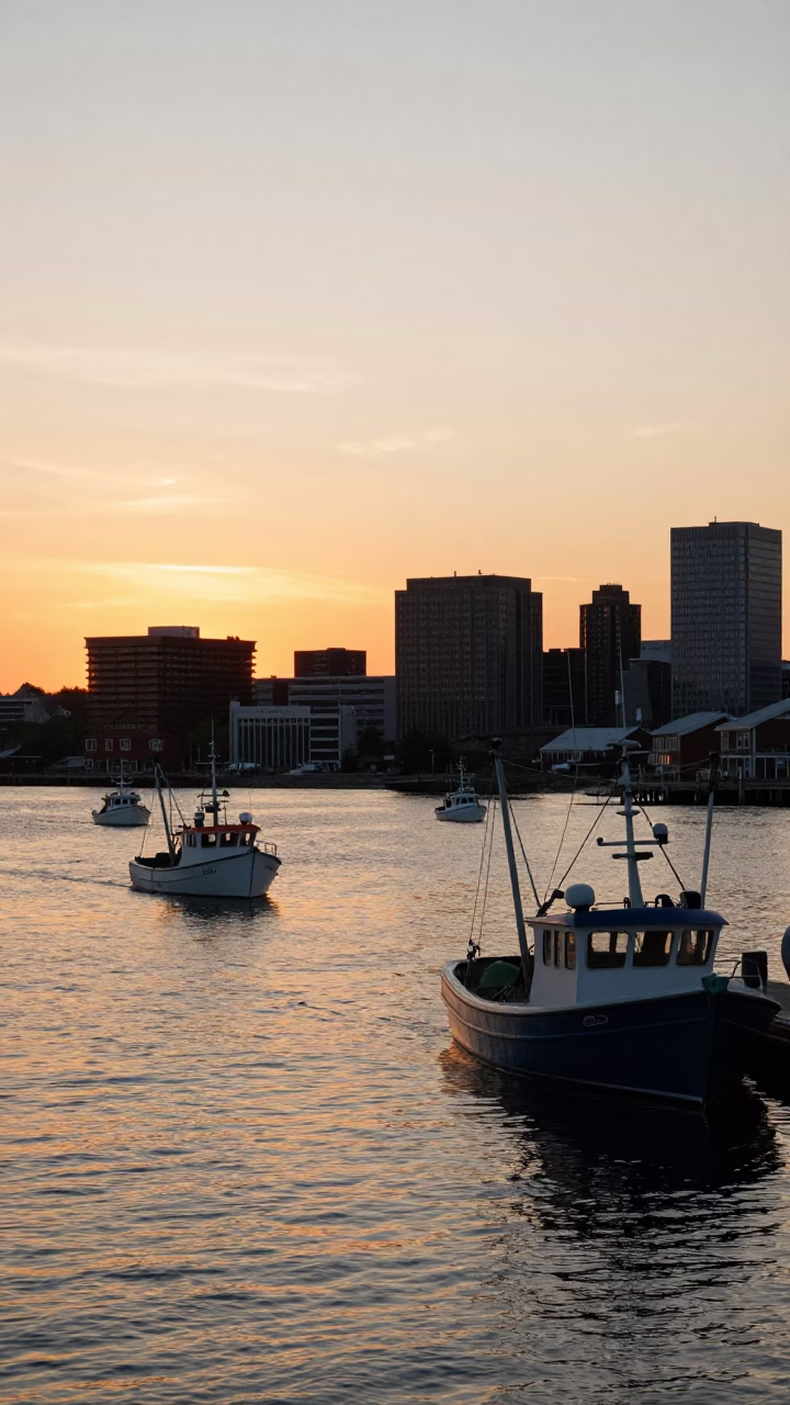 Halifax Waterfront at Sunset with Docked Fishing Boats and Historic Architecture in in Halifax, Nova Scotia, Canada