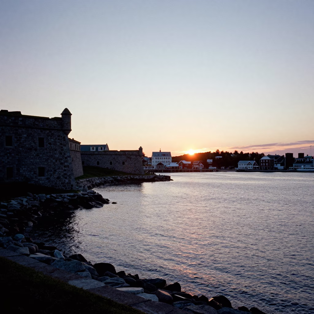 Halifax Waterfront at Sunset with Historic Stone and Harbour Activity in in Halifax, Nova Scotia, Canada