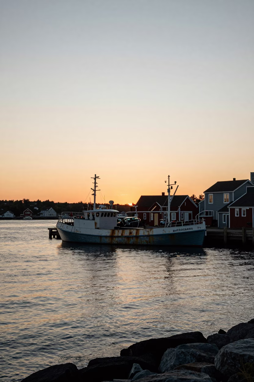 Halifax Waterfront at Sunset with Junk Boat and Coastal Breakwater Beacons in in Halifax, Nova Scotia, Canada