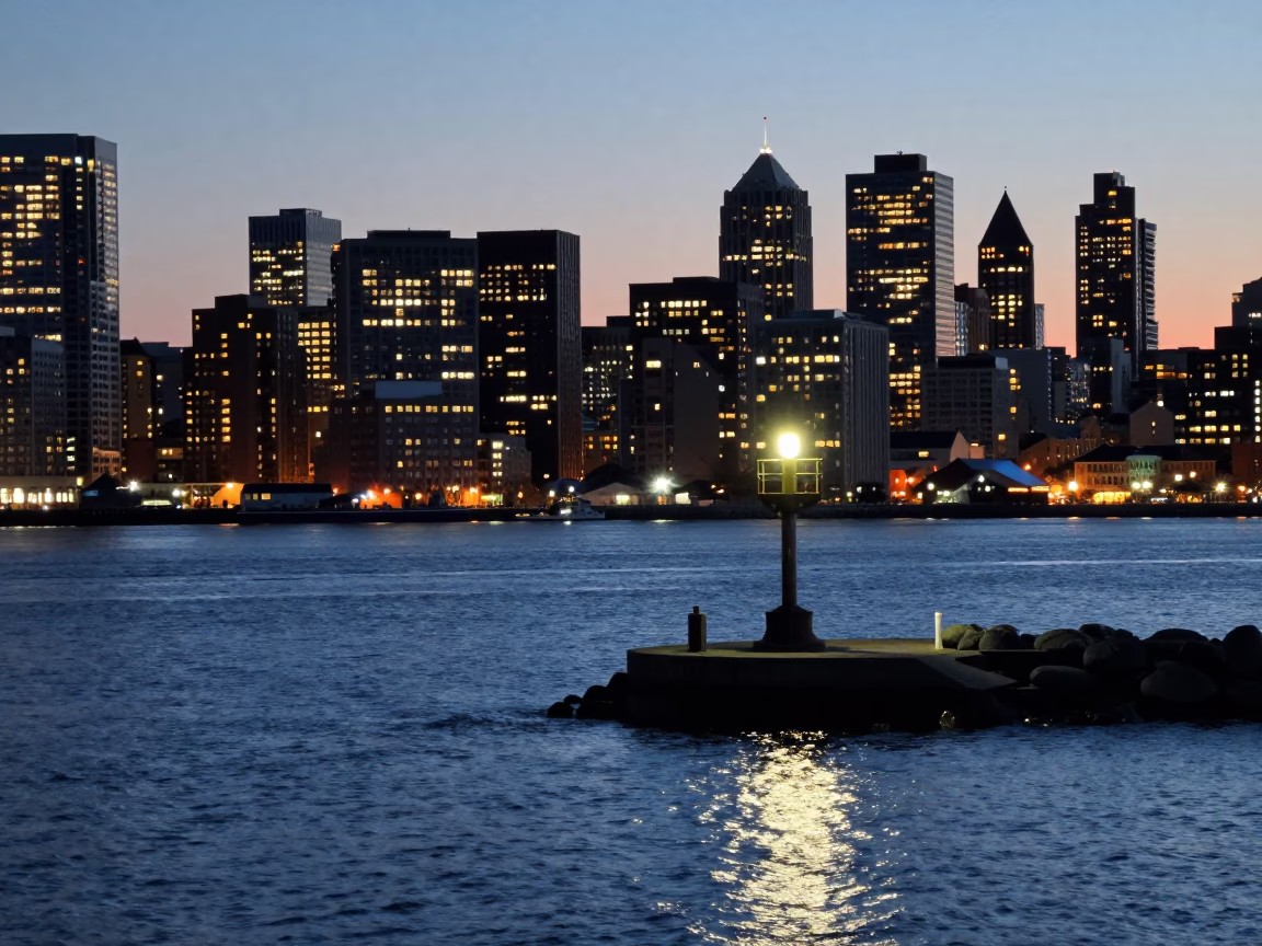 Halifax Waterfront at Twilight with Breakwater Beacon and City Lights in in Halifax, Nova Scotia, Canada