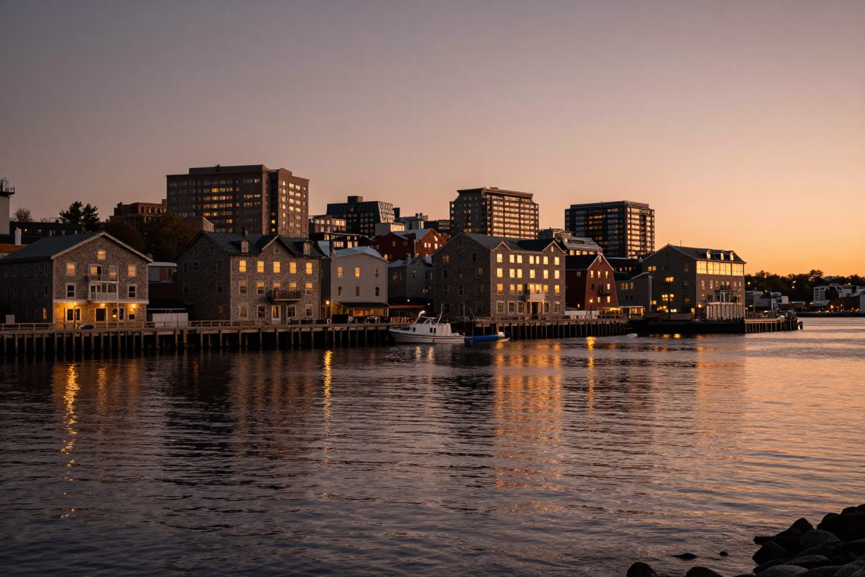 Halifax Waterfront Before Dusk with Harbor Lights and Historic Architecture in in Halifax, Nova Scotia, Canada