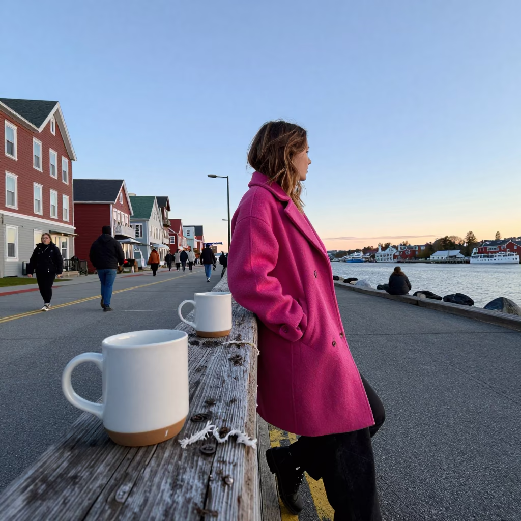 Halifax Waterfront Blue Hour Street Scene with Ceramic Mugs and Frayed Rope in in Halifax, Nova Scotia, Canada