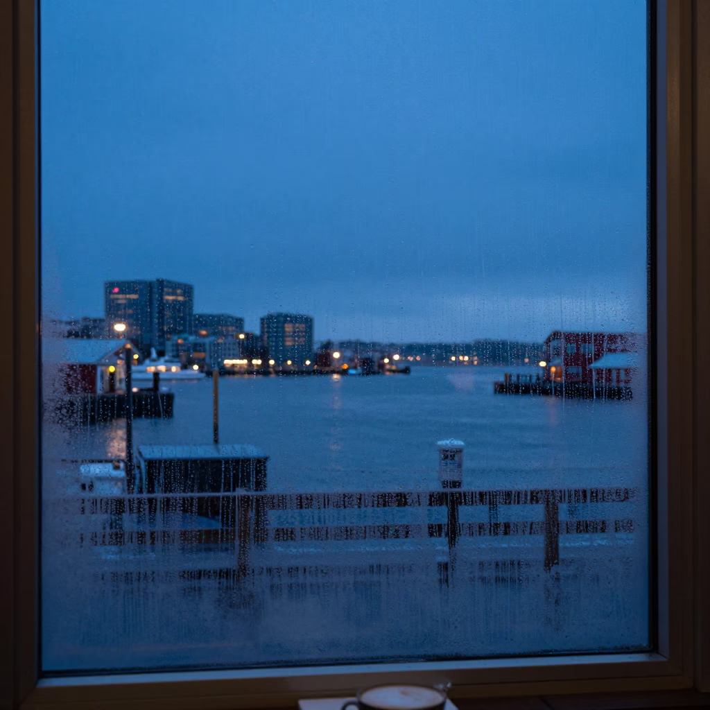 Halifax Waterfront Blue Hour with Condensation on Glass and Distant Harbor Lights in in Halifax, Nova Scotia, Canada
