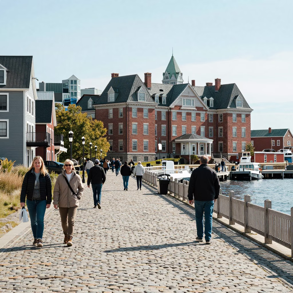 Halifax Waterfront Boardwalk and Historic Architecture in Bright Midmorning Light in in Halifax, Nova Scotia, Canada