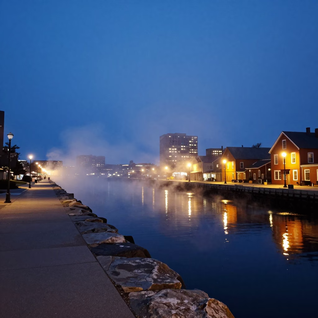 Halifax Waterfront Boardwalk at Blue Hour with Steam Haze and Urban Lights in in Halifax, Nova Scotia, Canada