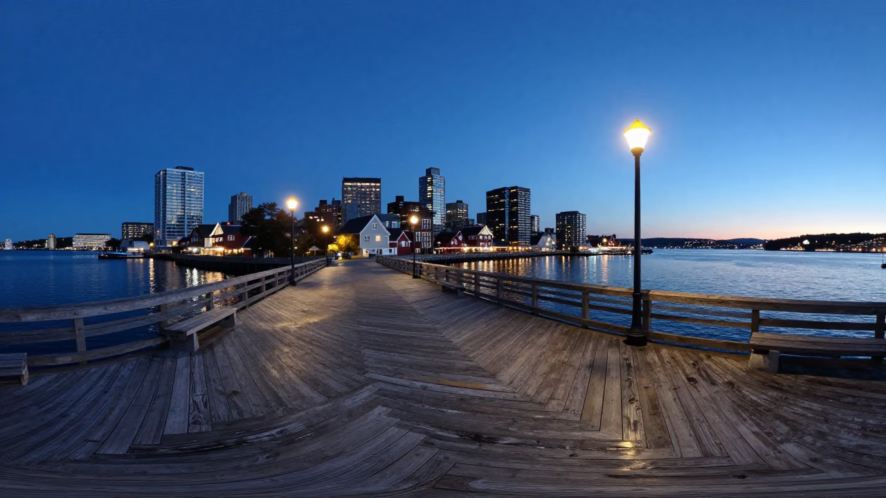 Halifax Waterfront Boardwalk at Dusk with Harbour Lights and City Skyline in in Halifax, Nova Scotia, Canada