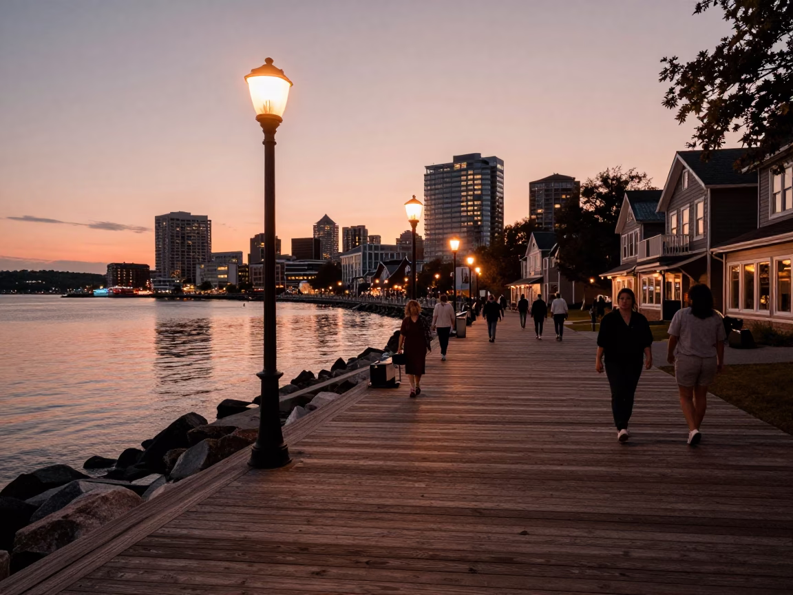 Halifax Waterfront Boardwalk at Dusk with Lanterns and City Skyline in in Halifax, Nova Scotia, Canada