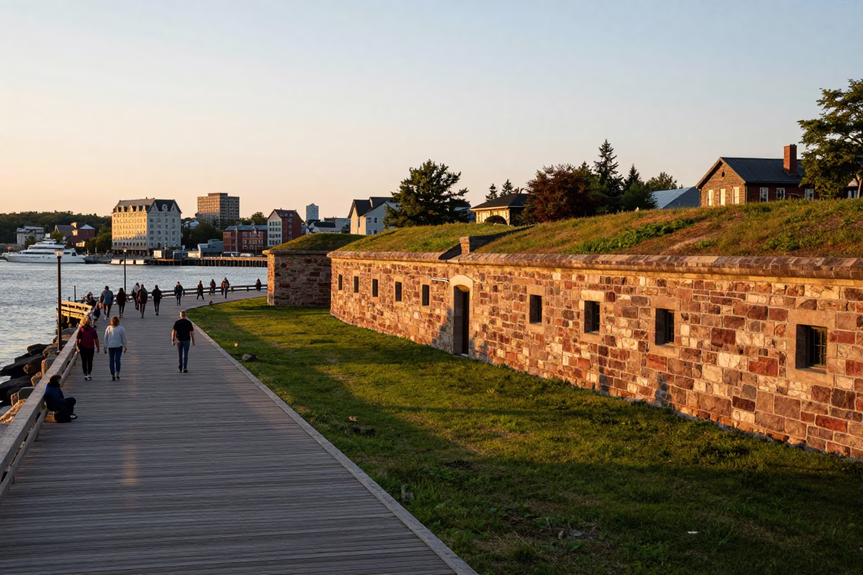 Halifax Waterfront Boardwalk at Golden Hour with Historic Stone Battery and City Skyline in in Halifax, Nova Scotia, Canada