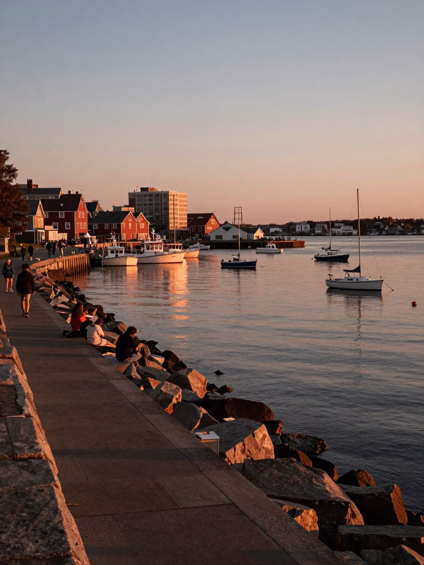 Halifax Waterfront Boardwalk Copper Dusk Pedestrians and Harborside Activity in in Halifax, Nova Scotia, Canada