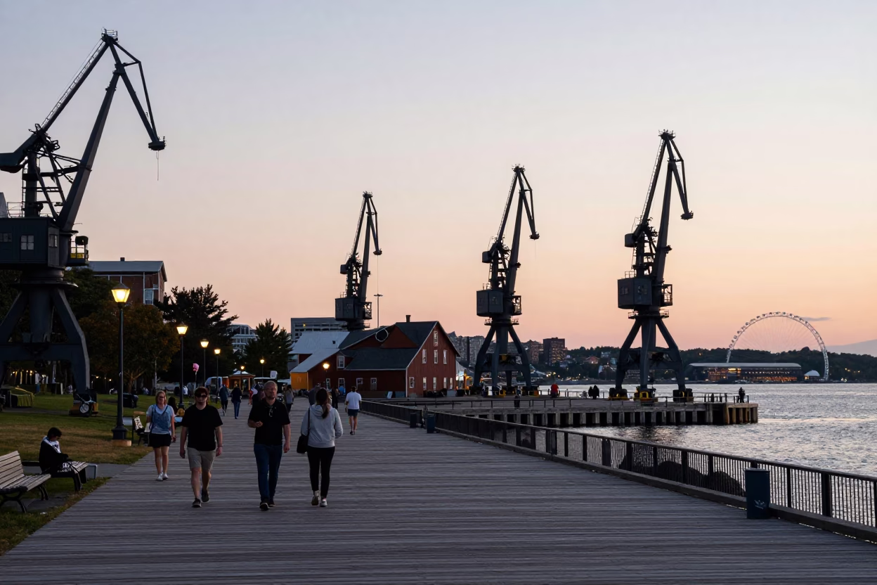 Halifax Waterfront Boardwalk Early Evening View of Historic Cranes and Harbor in in Halifax, Nova Scotia, Canada