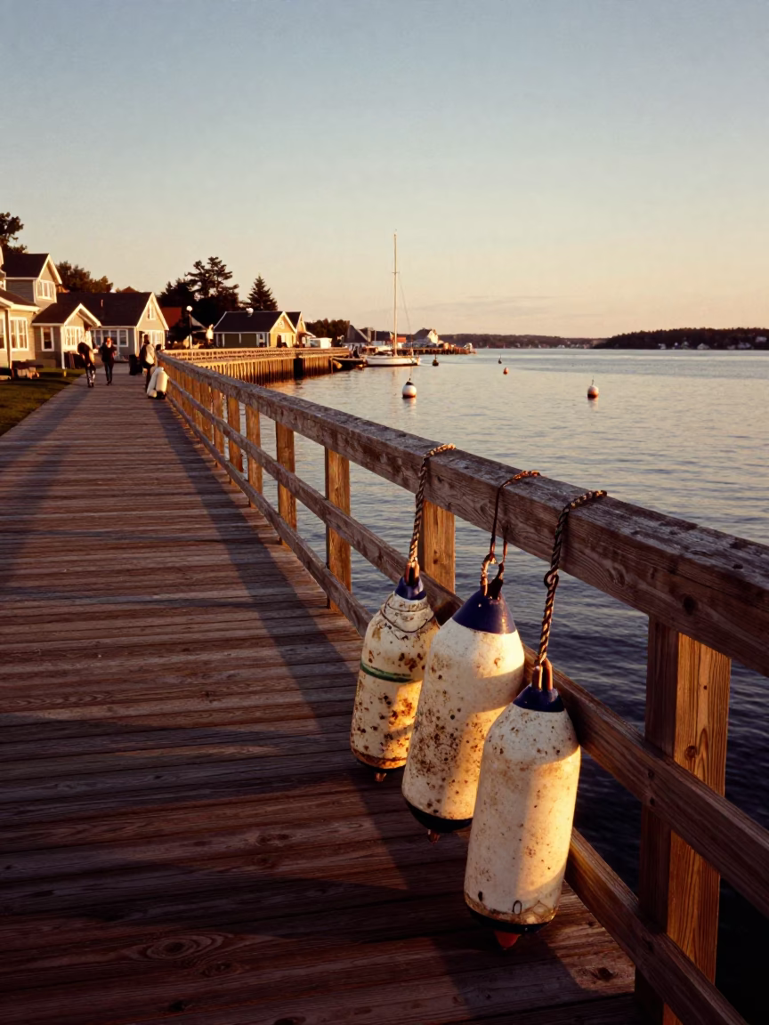 Halifax Waterfront Boardwalk Evening Light with Fishing Buoys and Harbour Views in in Halifax, Nova Scotia, Canada