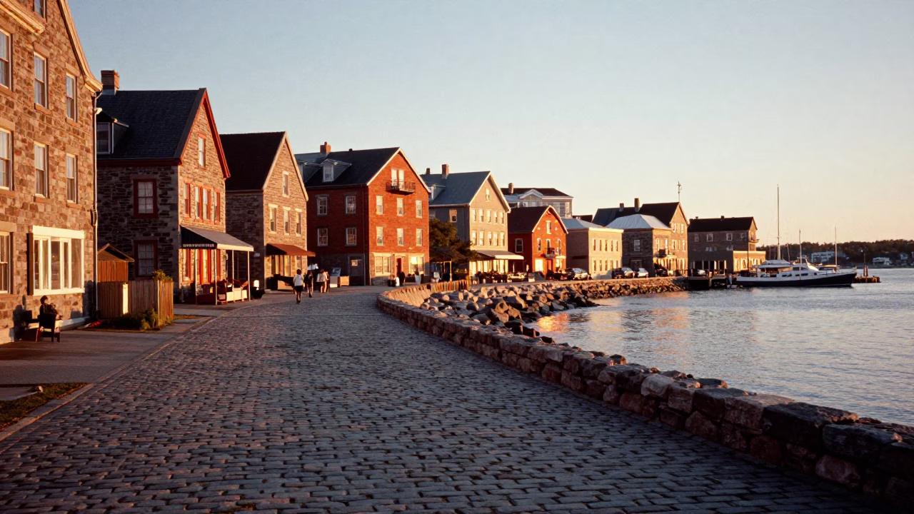 Halifax Waterfront Boardwalk Golden Hour View of Historic Stone Buildings and Harbour in in Halifax, Nova Scotia, Canada