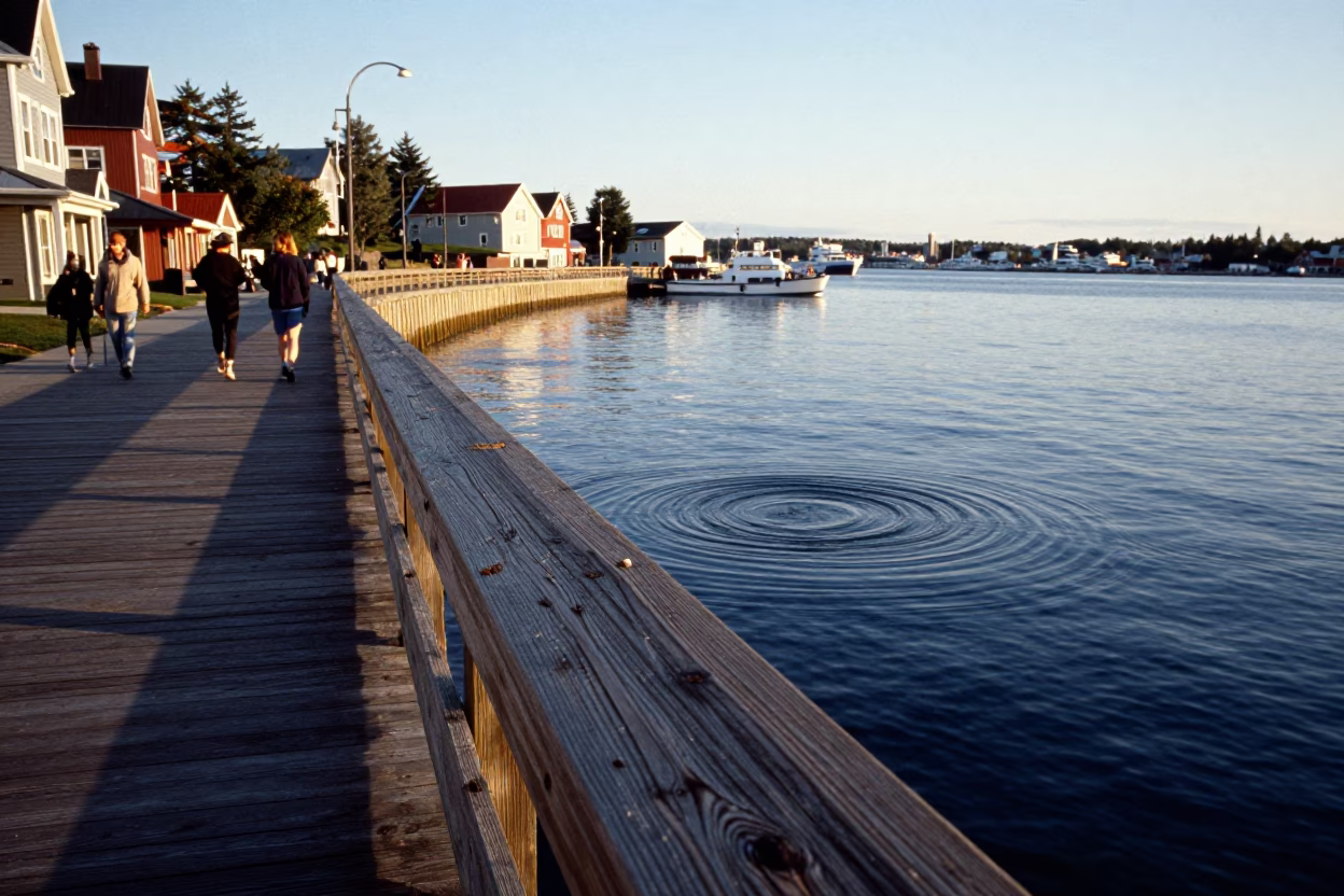 Halifax Waterfront Boardwalk Late Afternoon Scene with Water Rings on Railing and Commuter Activity in in Halifax, Nova Scotia, Canada