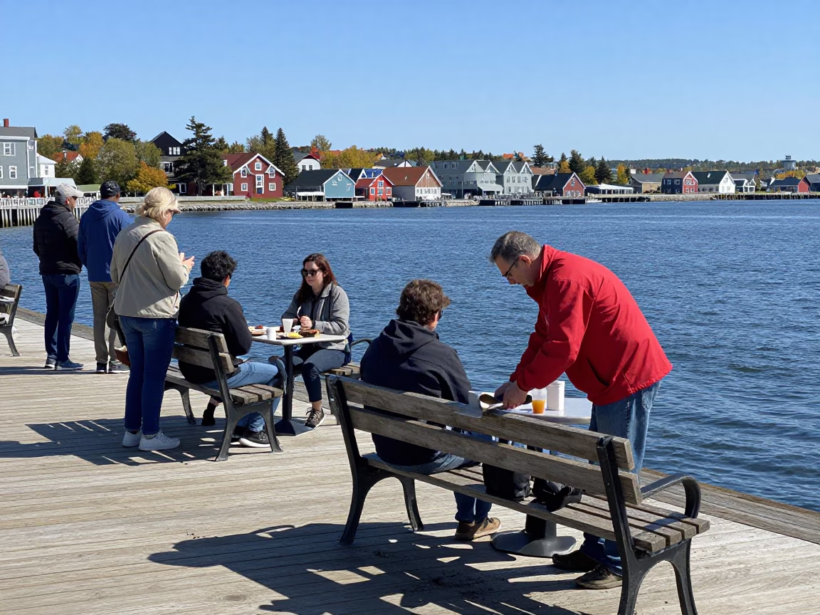 Halifax Waterfront Boardwalk Lunch Scene with Bench Scraper and Urban Activity in in Halifax, Nova Scotia, Canada