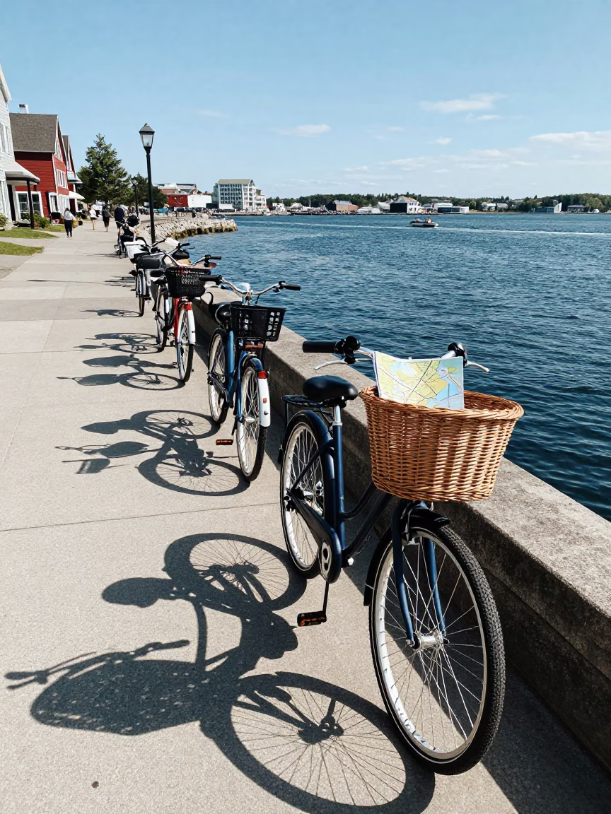 Halifax Waterfront Boardwalk Midday Scene with Bicycle Basket and Cable Stayed Bridge in in Halifax, Nova Scotia, Canada