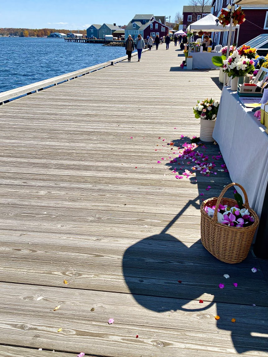 Halifax Waterfront Boardwalk Midday Scene with Wicker Bag Shadow and Fallen Petals in in Halifax, Nova Scotia, Canada