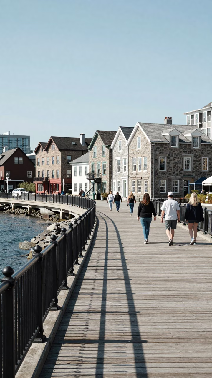 Halifax Waterfront Boardwalk Midday View of Historic Stone Buildings and Busy Pedestrians in in Halifax, Nova Scotia, Canada