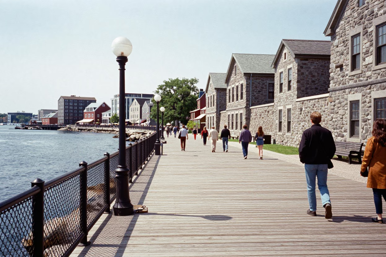 Halifax Waterfront Boardwalk Noon Light with Substation Fence and Urban Activity in in Halifax, Nova Scotia, Canada